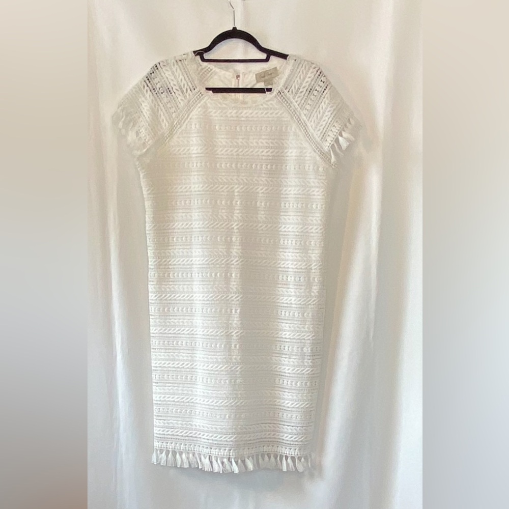 Charlie Paige Women's White Coastal Cowgirl Lace Overlay Shift Dress MD Fringe